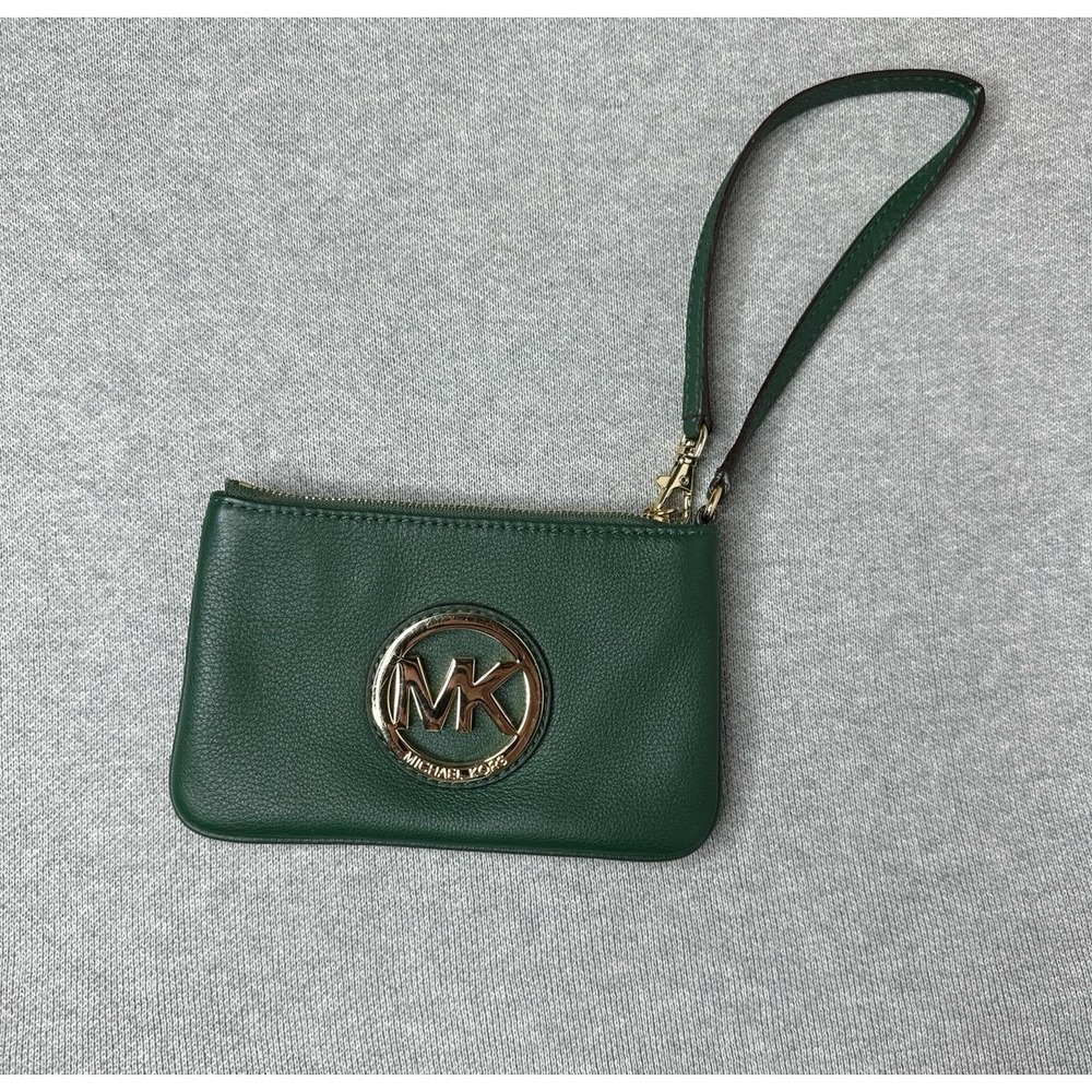Michael Kors baby bag wristlet green leather with gold metal
